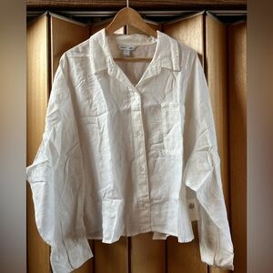 Linen Blend (Size 3X) White Crop Button Down Shirt Blouse Minimalist Travel